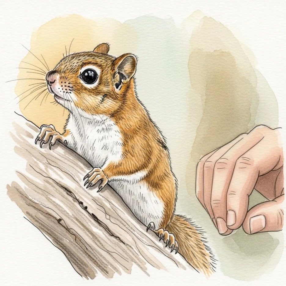 안전한 실내에서 주변을 탐색하는 호기심 많은 피그미다람쥐의 모습.