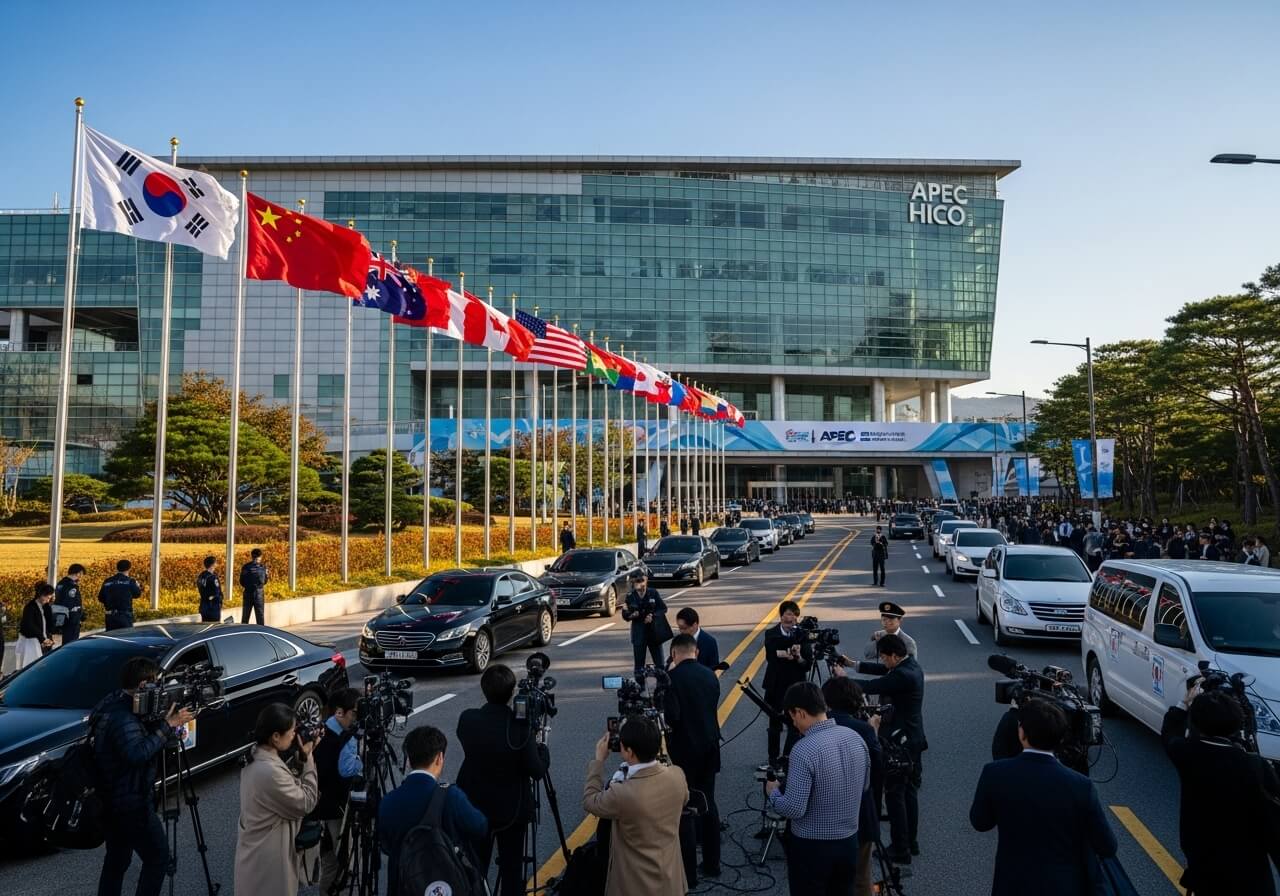 APEC 2025 경주 정상회의장을 상징적으로 표현한 AI 재현 이미지. 각국 국기와 취재진이 모인 회의장 외부 풍경을 시각적으로 묘사한 장면.