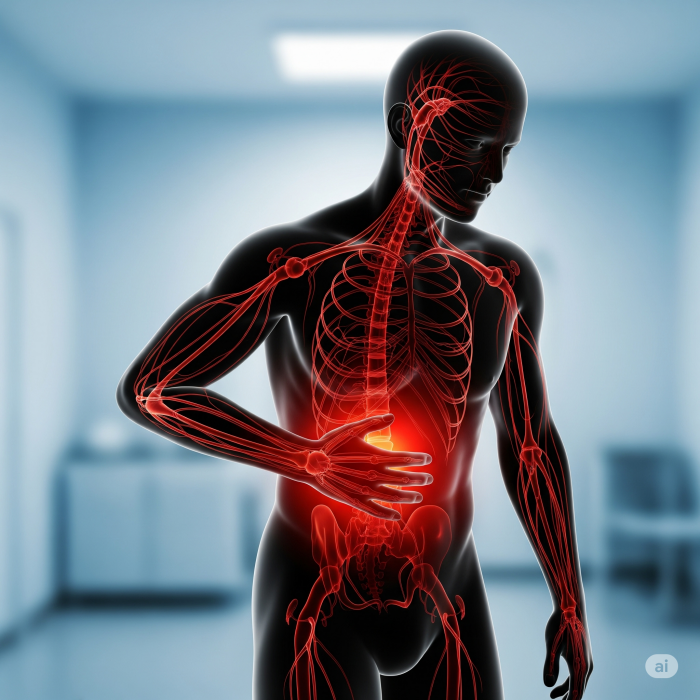 부드러운 파란색 배경에 한 사람이 옆구리를 잡고 서 있으며, 몸 안에는 붉은색 신경망이 빛나며 통증을 표현하고 있습니다.