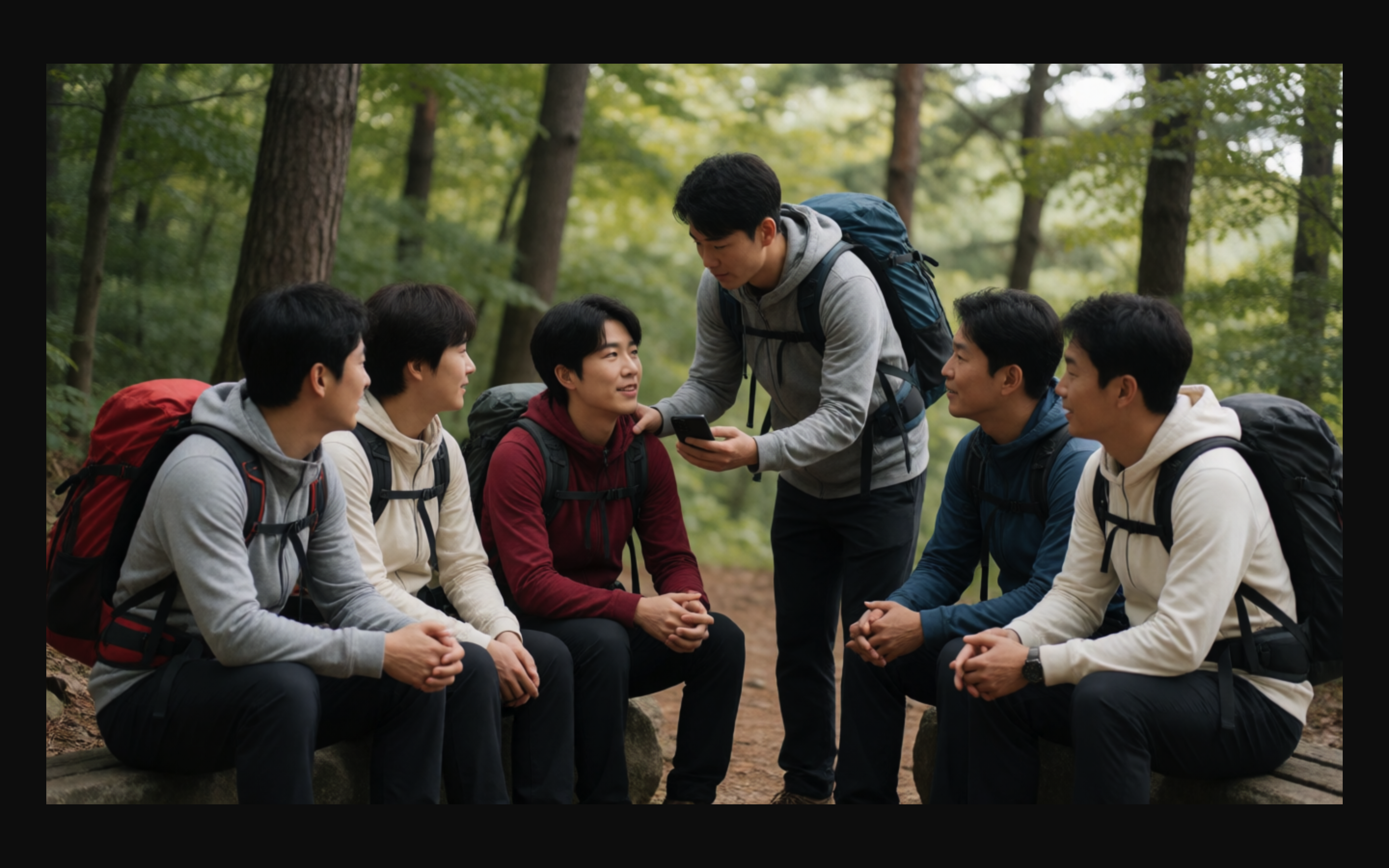 산길 쉼터에서 앉아 있는 사람과 휴대전화를 함께 보는 등산객들