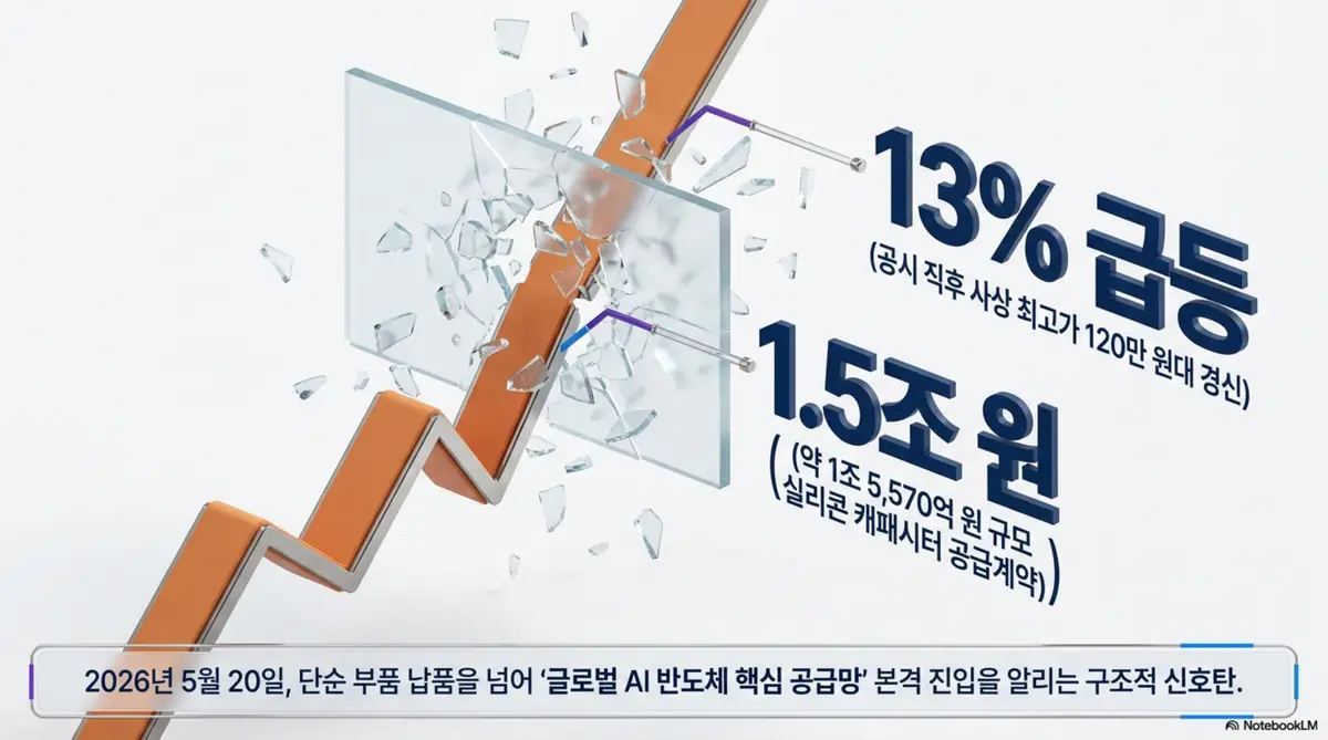 삼성전기 주가 전망: 삼성전기 실리콘 캐패시터 1.5조 원 공급계약 체결 후 주가 13% 급등하며 사상 최고가 120만 원대를 경신한 상황을 보여주는 인포그래픽. 상승 화살표가 유리벽을 깨는 시각적 표현으로 글로벌 AI 반도체 핵심 공급망 본격 진입이라는 구조적 신호탄을 전달하며 블로그의 삼성전기 주가 전망 서론과 관련된 내용을 설명한다 