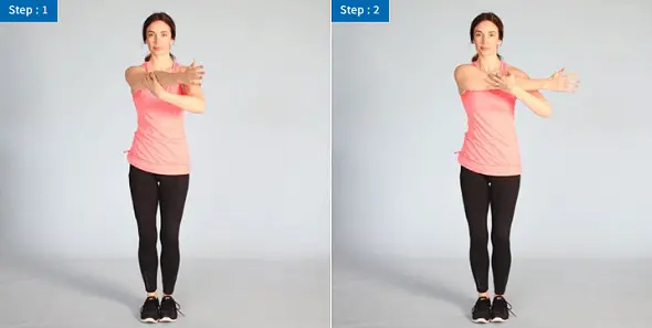 여자가 한손으로 다른 팔 팔꿈치를 들어올려 반대쪽 어깨에 가져가 대는 모습 구분동작