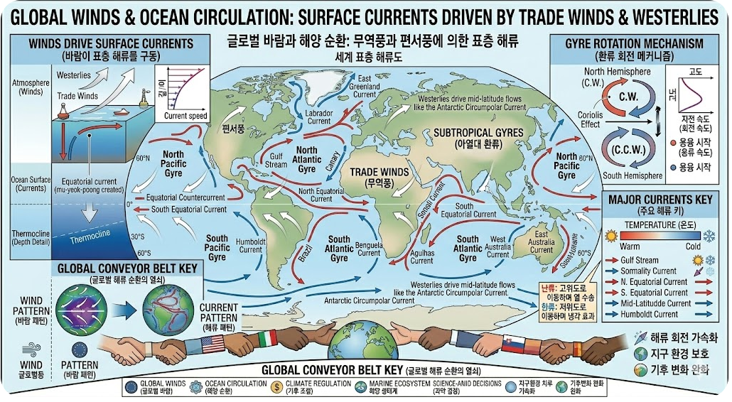 표층 해류 순환 대기 대순환 무역풍 편서풍 아열대 환류