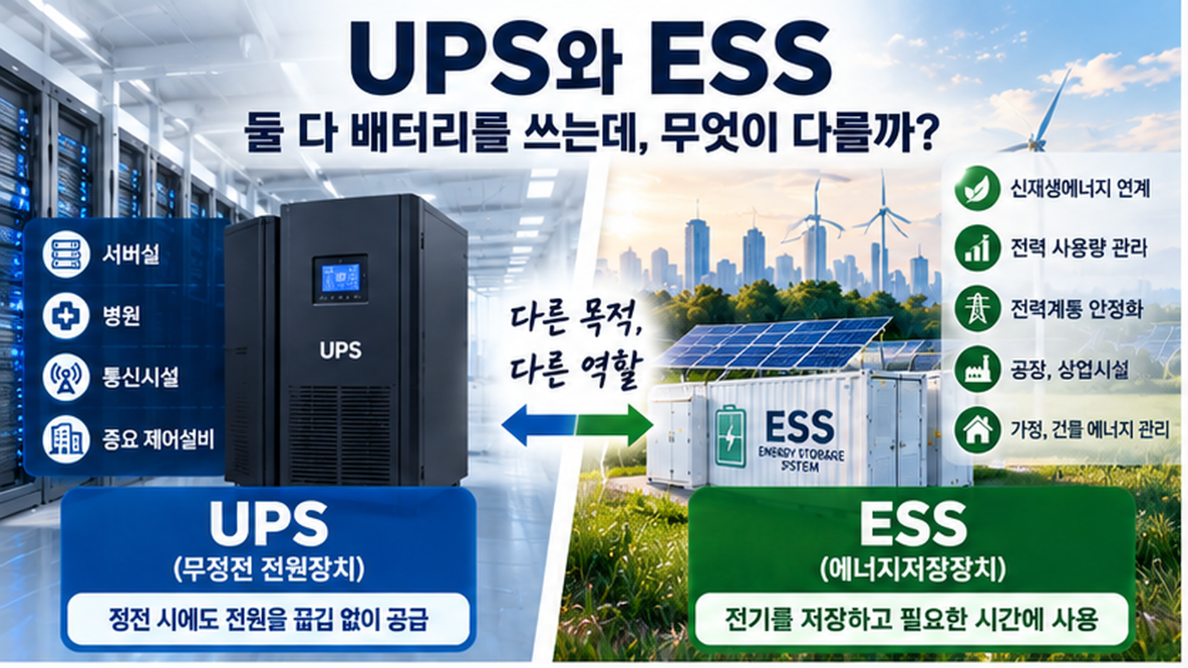 UPS와 ESS 차이 무정전 전원장치와 에너지저장장치 비교