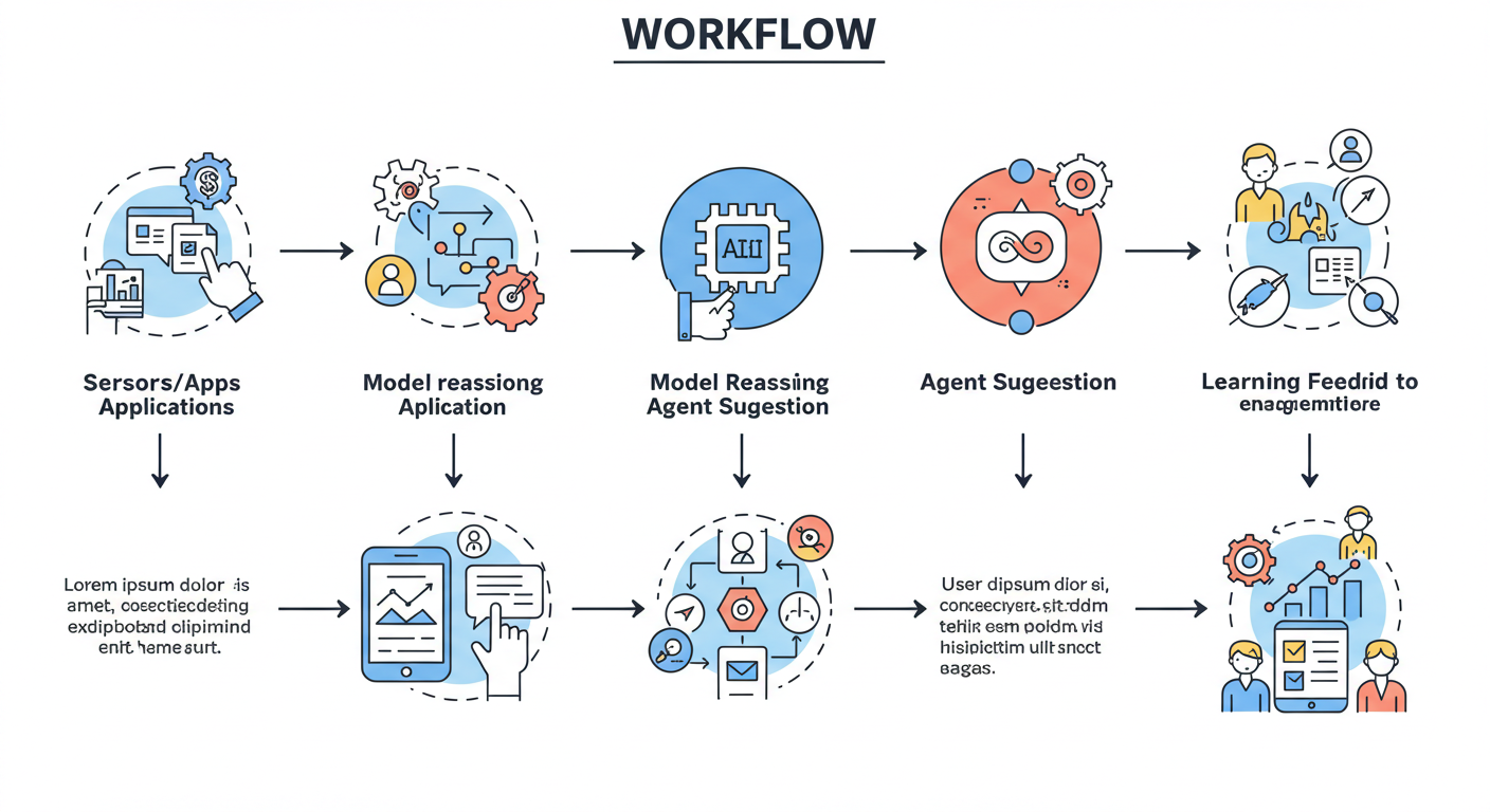센서/앱→모델 해석→에이전트 제안→사용자 승인/수정→학습 피드백으로 이어지는 AI 생활 워크플로 다이어그램
