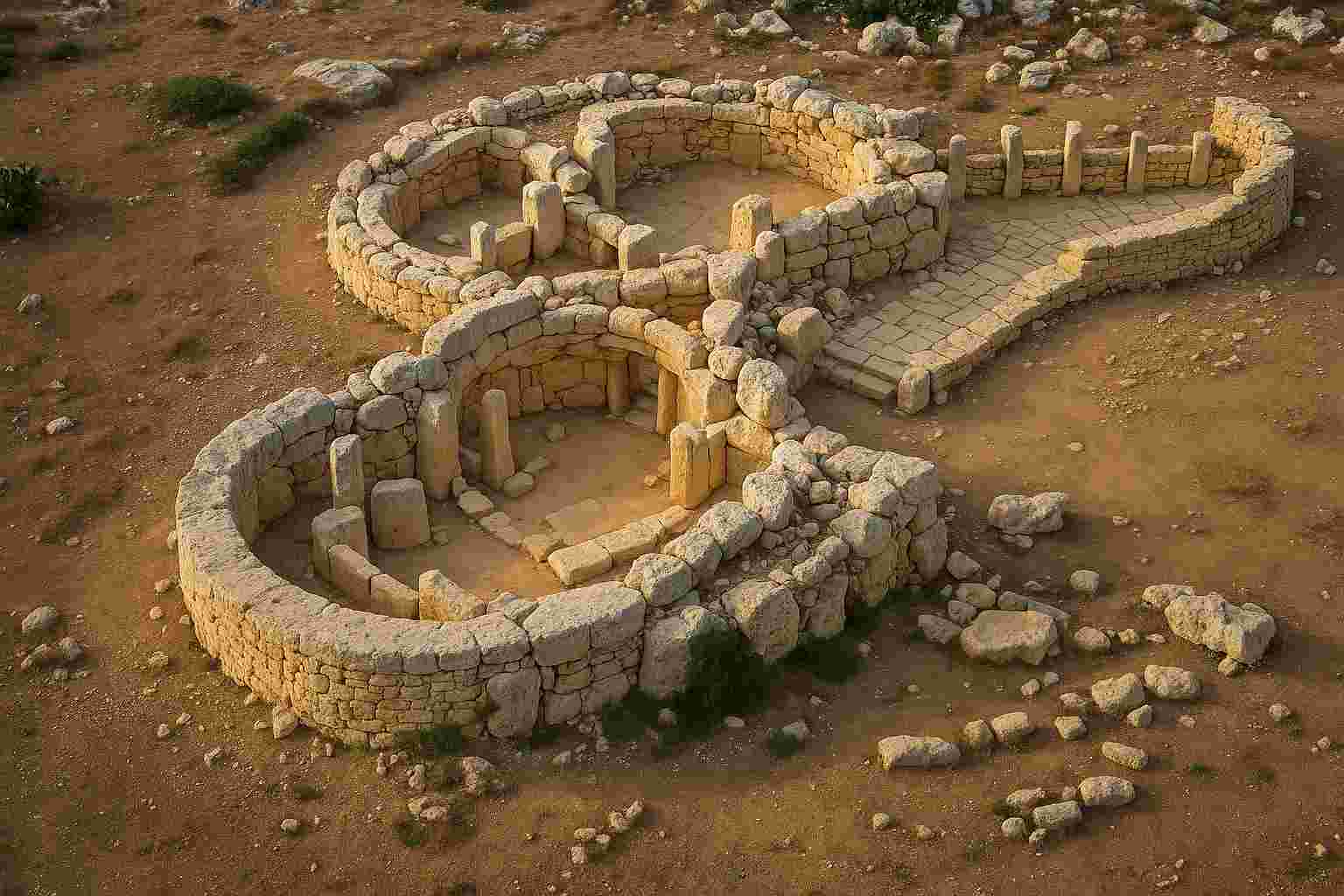 말타 남부 절벽 위에 위치한 하가르 킴 신전을 상공에서 바라본 항공 이미지 재현본