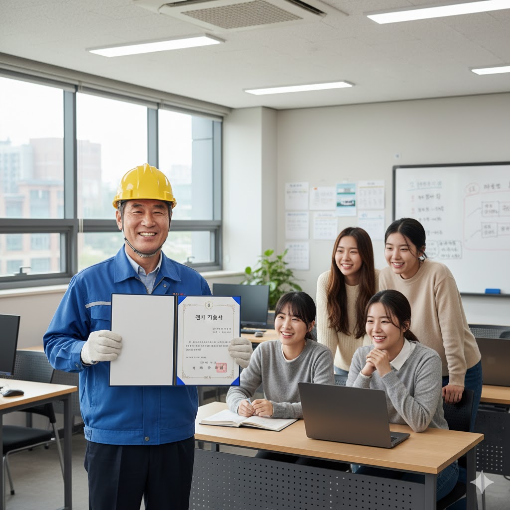 50대 중년 남성이 안전모를 쓰고 '전기 기능사' 자격증을 들고 웃는 모습 (재기 성공)
