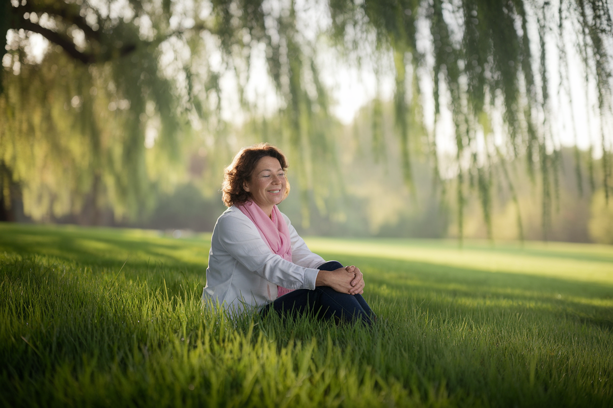 잔디에 앉아서 환하게 웃고있는 여성의 모습