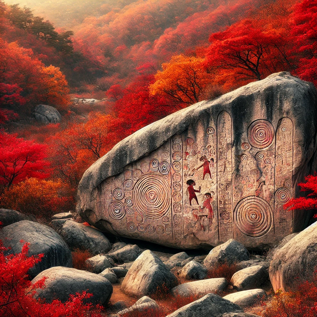 울산 반구대 암각화 유적지의 가을 모습&amp;#44; 고대 암각화가 붉고 노란 단풍 배경 속에서 역사적 중요성을 드러냅니다.