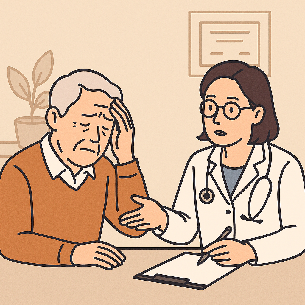 “신경과 전문의가 노인 환자에게 뇌 건강 상태를 상담하는 장면 — 따뜻하고 신뢰감 있는 진료실 분위기에서 환자와 대화를 나누는 의사”