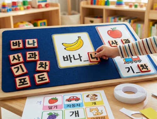 단어 그림 카드와 펠트지 글자 조합판