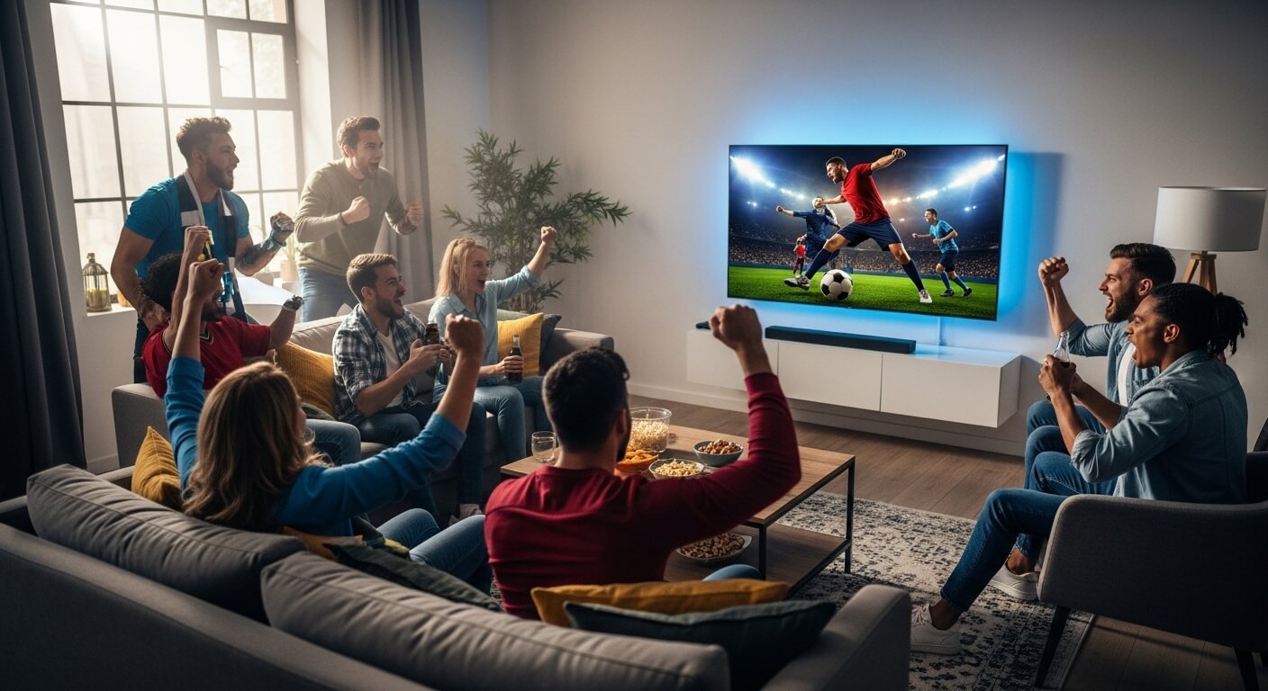 거실에서 여러 명이 함께 축구 경기를 TV로 시청하며 환호하는 장면