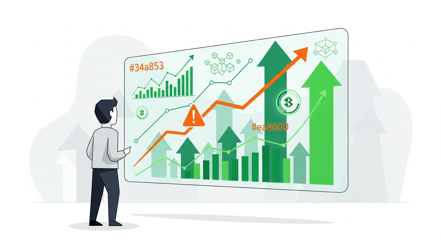 경제 트렌드와 혁신을 상징하는 현대적인 일러스트. 사람이 금융 차트와 상승하는 화살표가 가득한 화면을 보고 있으며, 녹색과 주황색 톤이 성장과 기회를 표현합니다.