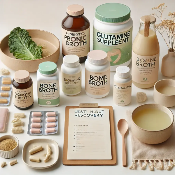 하얀 배경 위에 정리된 유산균, 글루타민, 장 건강 루틴 메모, 클린 식단 리스트, 보골육수의 전문 스튜디오 촬영 사진