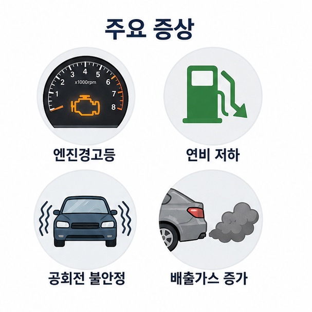 산소센서 이상으로 나타날 수 있는 엔진경고등과 연비 저하, 공회전 불안정, 배출가스 증가를 보여주는 그림