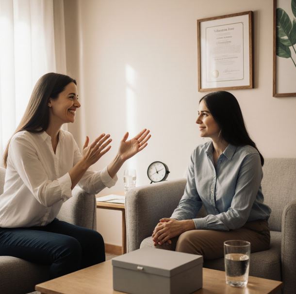 상담실 안에서 상담사가 내담자를 반갑게 맞이하는 장면