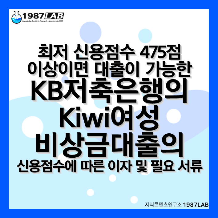 최저 신용점수 475점 이상이면 대출이 가능한 KB저축은행의 kiwi여성비상금대출의 신용점수에 따른 이자 및 필요 서류