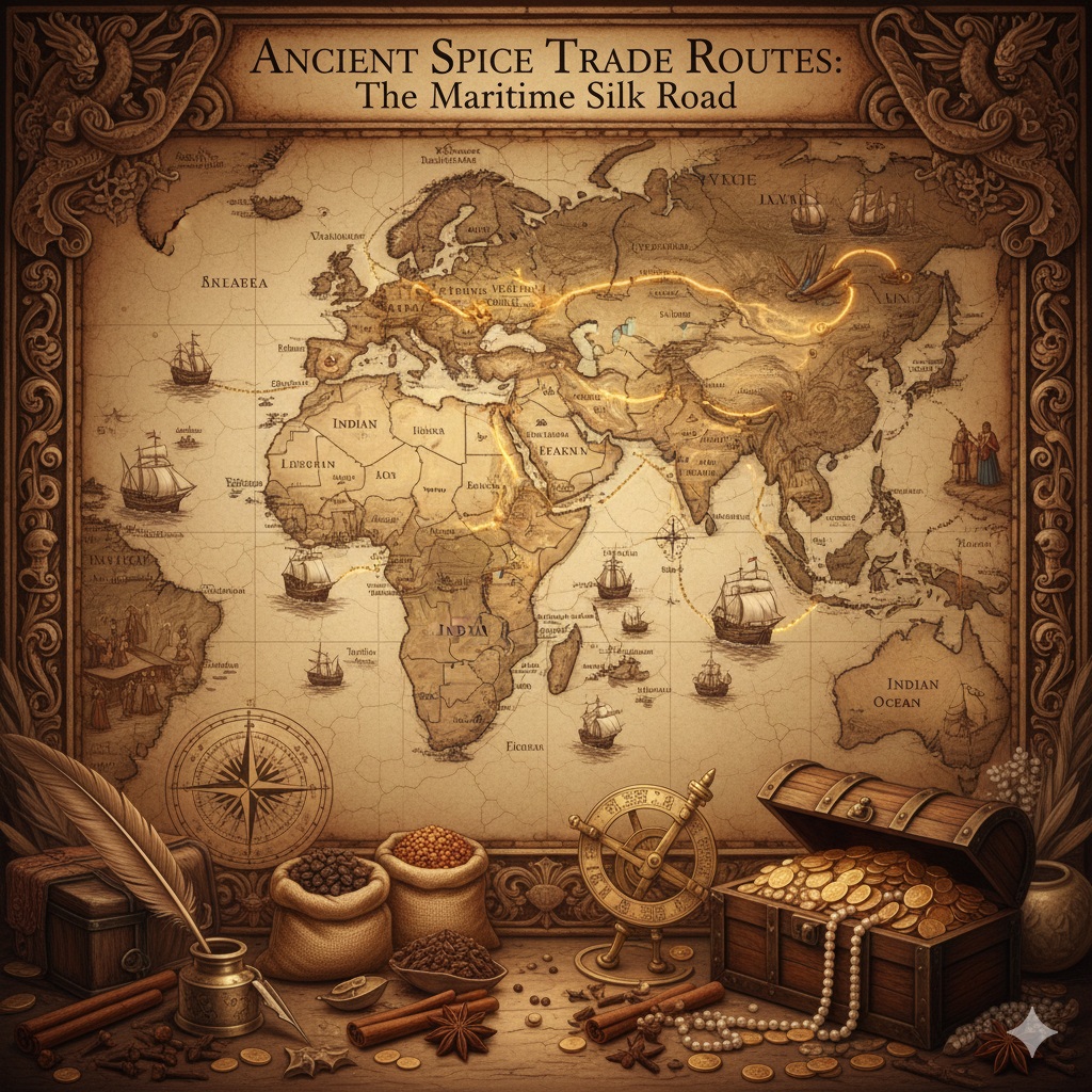 Illustration of ancient spice trade routes and dried clove buds representing the historical value of "Black Gold.