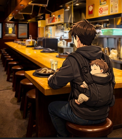 아기띠를 차고 징키스칸 다루마에서 식사하는 모습