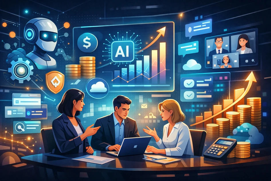 AI 네이티브 시대의 SaaS 협업 툴 가격과 ROI를 분석하는 장면으로, 회의 중인 직장인들과 홀로그램 형태의 AI·상승 그래프·비용(코인)·보안 아이콘이 함께 표현된 미래형 오피스 일러스트