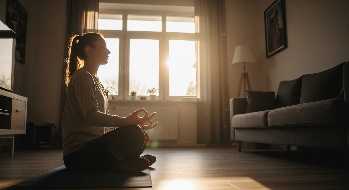 떠오르는 아침 햇살을 받으며 거실에서 명상과 운동을 하고 있는 젊은 사람.