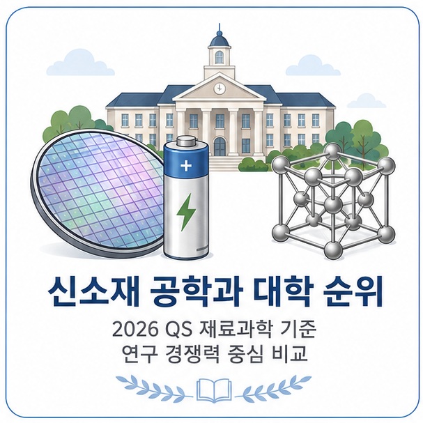 반도체와 배터리, 금속 소재를 대학 캠퍼스와 함께 표현해 신소재 공학과 대학 순위는 재료과학 분야의 연구 경쟁력을 기준으로 비교할 수 있음을 보여 주는 그림
