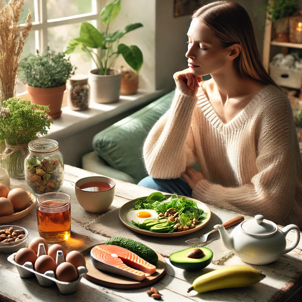 감정 조절에 도움 되는 음식을 먹으며 편안한 시간을 보내는 이미지