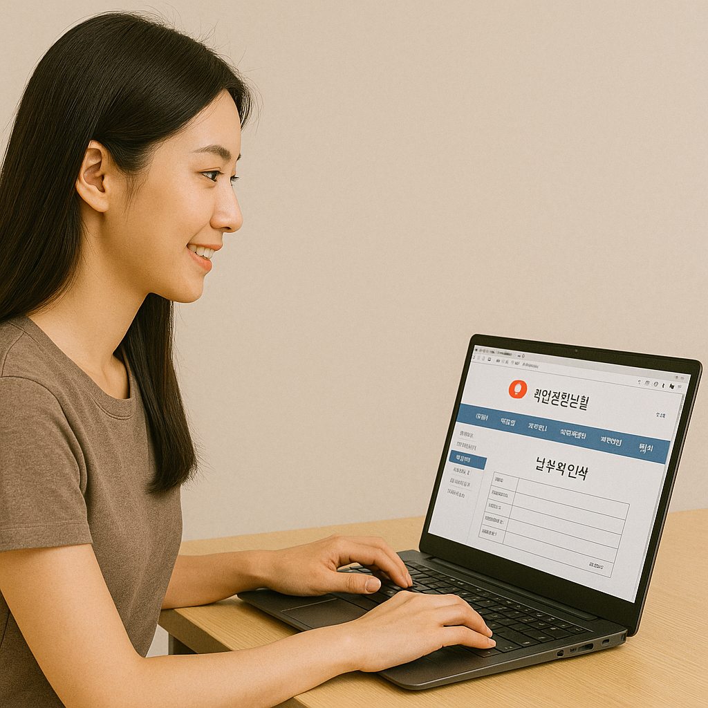 노트북 화면으로 건강보험공단 홈페이지에 접속해 납부확인서를 출력 중인 여성의 모습