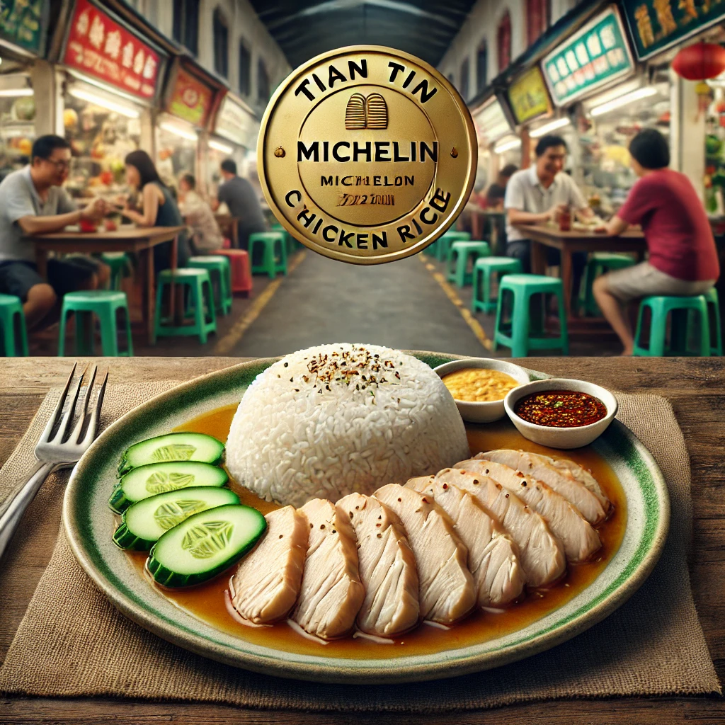 티안티안 치킨라이스 한 접시와 미슐랭 로고, 호커센터의 현지 분위기가 함께 담긴 이미지