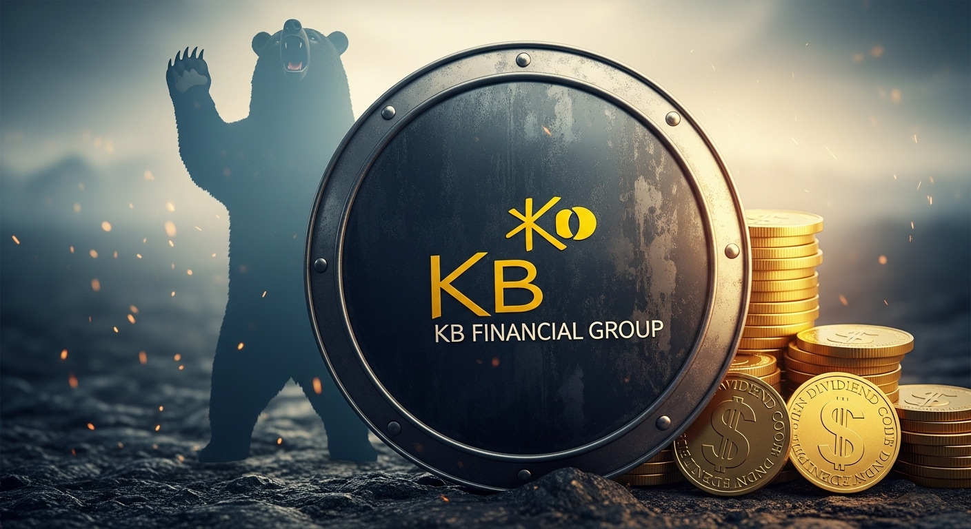 Shield with KB Financial's yellow logo blocking a bear market, with dividend coins piling up behind it.