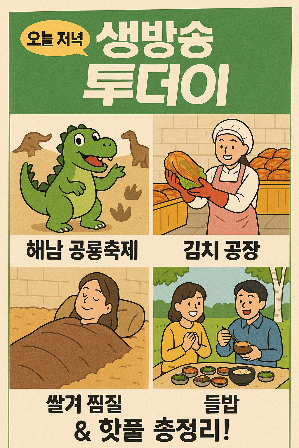 생방송 투데이 4월29일 방송 맛집 & 핫플 총정리! (해남 공룡축제, 김치 공장, 쌀겨 찜질, 들밥)