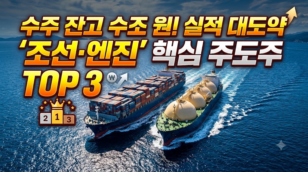 대형 거대한 선박(컨테이너선 또는 LNG선)이 바다를 항해하는 사진 배경에 "수주 잔고 수조 원! 실적 대도약 '조선&middot;엔진' 핵심 주도주 TOP 3" 문구가 들어간 썸네일.