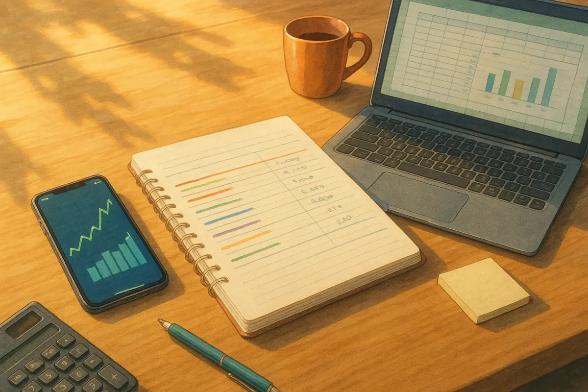 스마트폰과 종이 가계부, 엑셀 화면이 조화롭게 배치된 깔끔한 재무관리 이미지