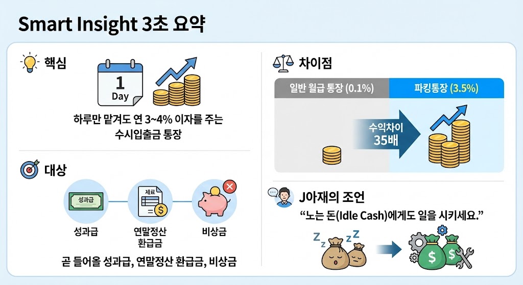 일반 입출금 통장과 파킹통장의 이자 수익 차이를 35배로 비교한 재테크 핵심 요약 인포그래픽