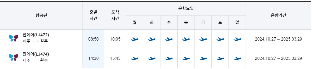 제주공항 원주 비행기 시간표