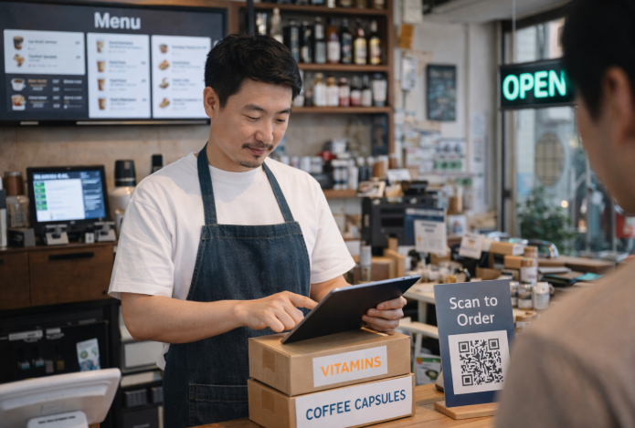 도시 소상공인이 점포에서 디지털 기기를 활용 중인 장면