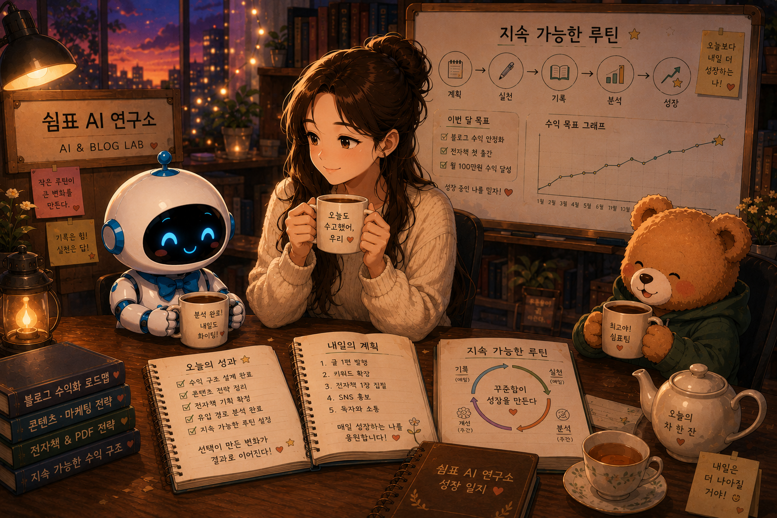 연구를 마친 쉼표, 푸름이, 은돌이가 차를 마시며 내일의 지속 가능한 루틴을 계획하는 평온한 저녁 시간.