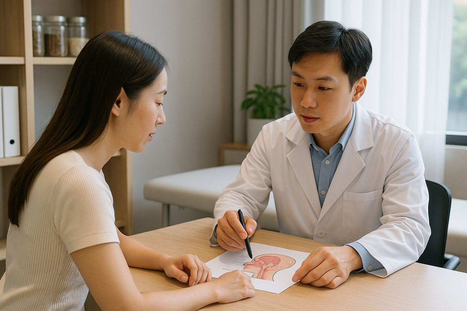 한의사가 중년 여성과 상담하며 첩약 건강보험 적용 질환에 대해 설명하는 모습