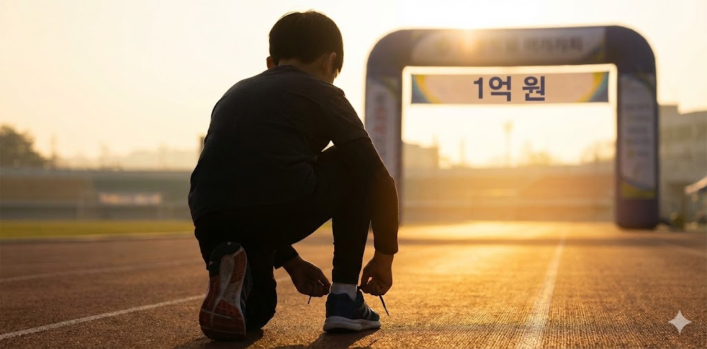 밝게 떠오르는 해를 배경으로, 튼튼한 운동화 끈을 동여매고 1억이라는 결승선을 향해 힘차게 출발하는 청년의 뒷모습