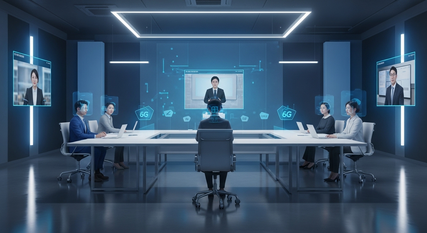 A group of Korean professionals in different parts of the world attending a virtual metaverse meeting via 6G