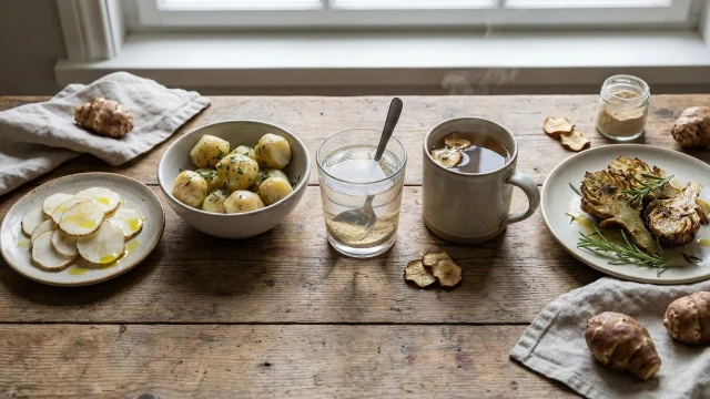 돼지감자의 5가지 섭취 방법 (생것, 삶은 것, 분말, 차, 요리)을 각각 보여주는 이미지