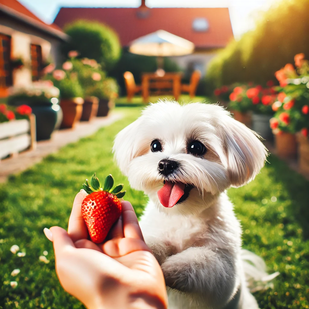 딸기를 먹고 있는 강아지 사진