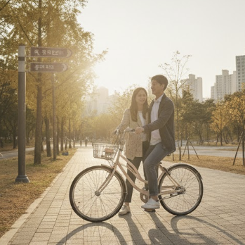 도시산책 데이트를 즐기며 데이트 비용을 줄이고 있는 커플의 모습