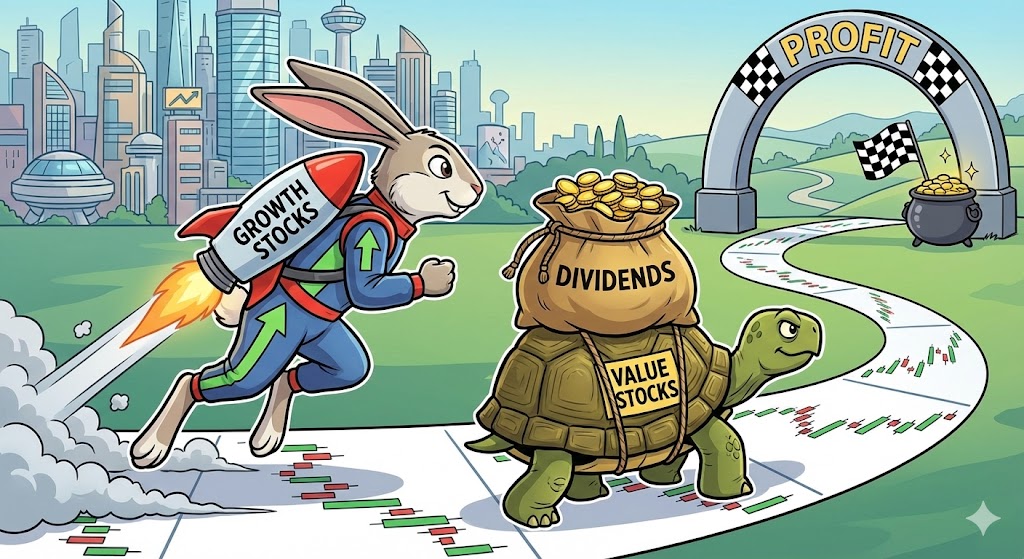 화려하게 달리는 '기술주(토끼)'와 묵묵히 배당금 자루를 들고 걷는 '가치주(거북이)'가 함께 결승선(수익)을 향해 가는 일러스트