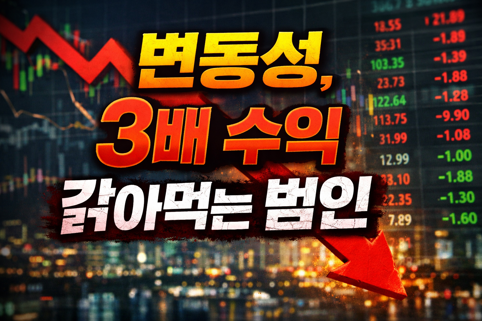 레버리지 ETF 변동성 드래그와 음의 복리로 3배 수익이 줄어드는 구조를 설명하는 하락 그래프 이미지