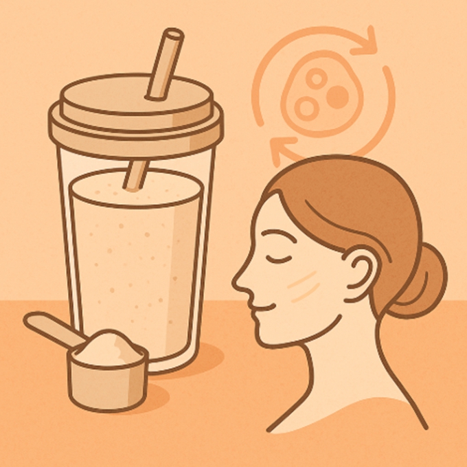 단백질 셰이크, 젊은 피부를 상징하는 얼굴 윤곽, 그리고 세포 재생을 표현한 일러스트