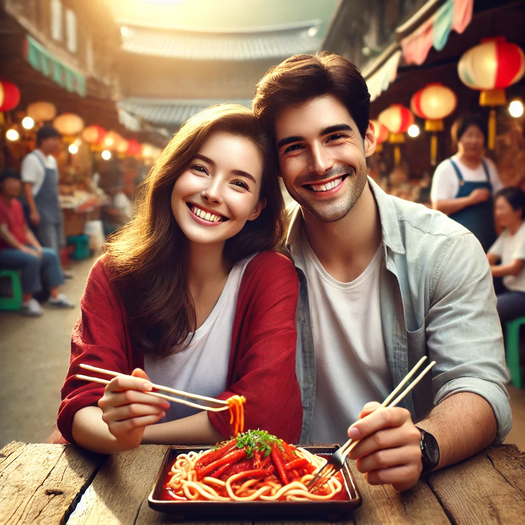 한국의 전통시장에서 한국 음식을 먹으며 환하게 웃는 커플의 모습