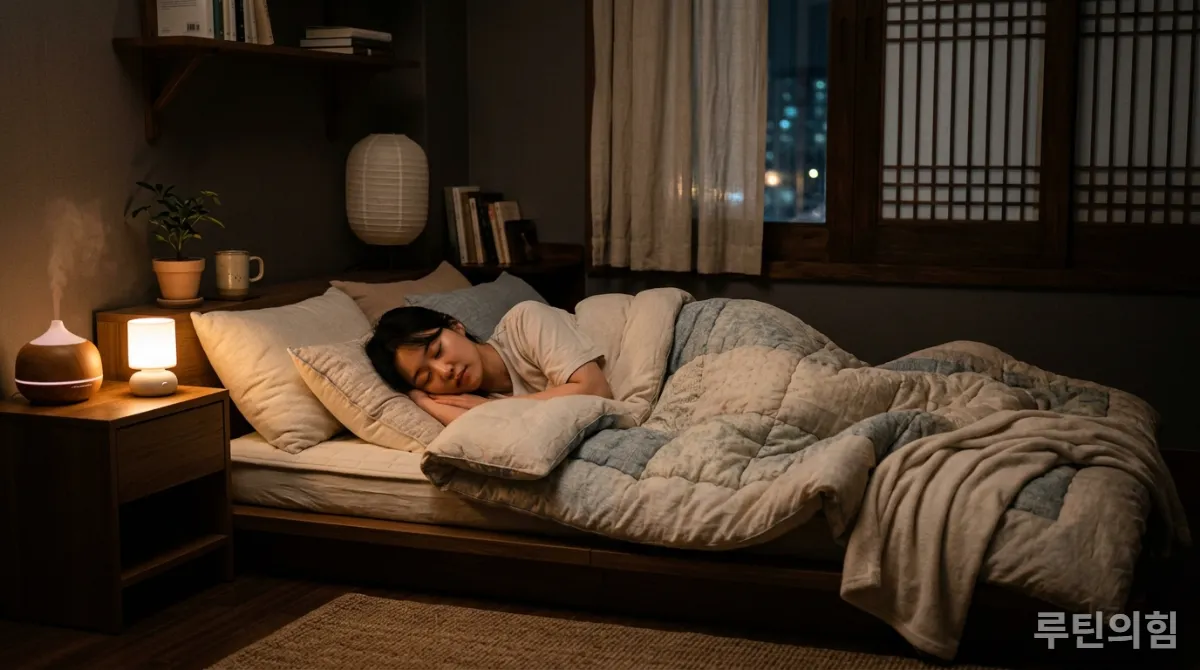 편안하게 잠든 사람이 있는 아늑한 한국 침실, 이상적인 수면 환경을 보여줌.