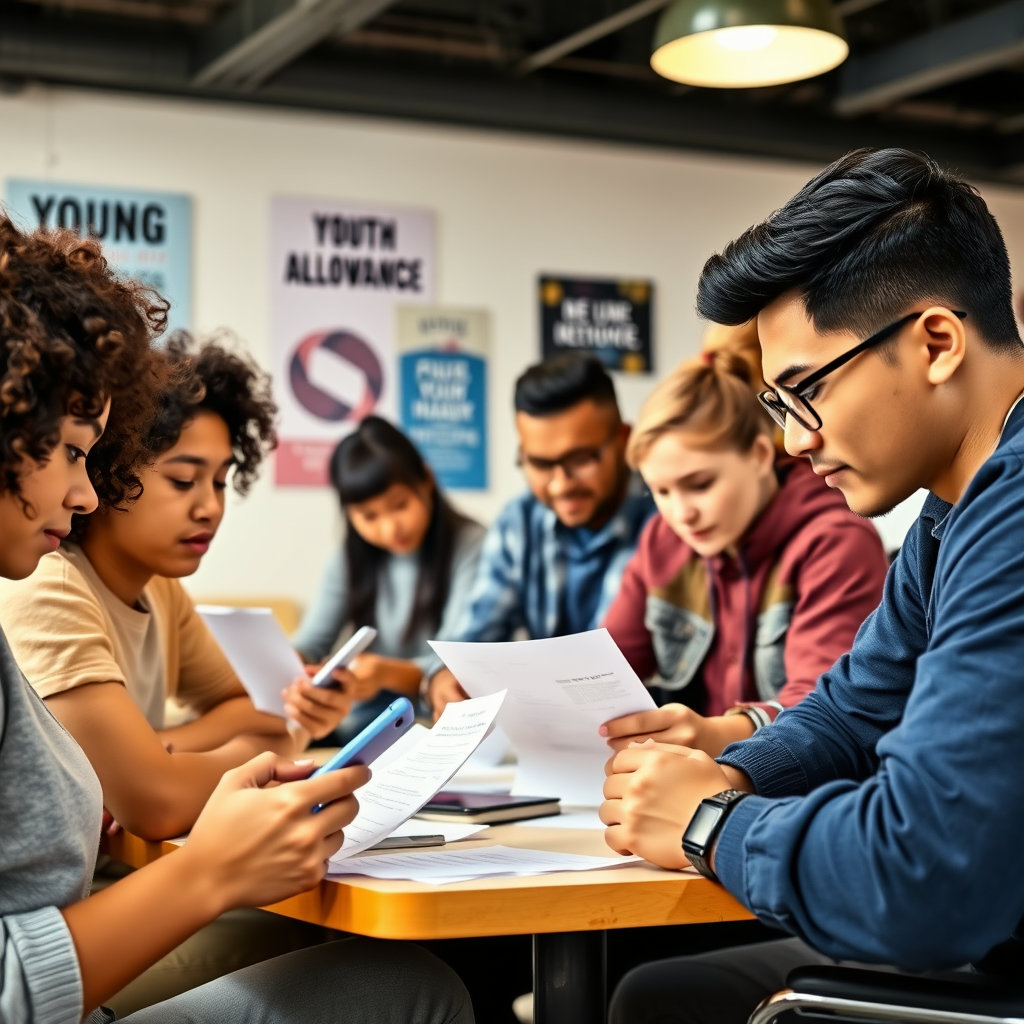 다양한 배경의 청년들이 노트북이나 스마트폰으로 청년수당 정보를 찾아보거나, 상담을 통해 필요한 서류를 준비하는 모습을 담습니다. 이는 청년수당이 특정 계층이 아닌, 도움이 필요한 많은 청년에게 열려 있음을 나타냅니다.