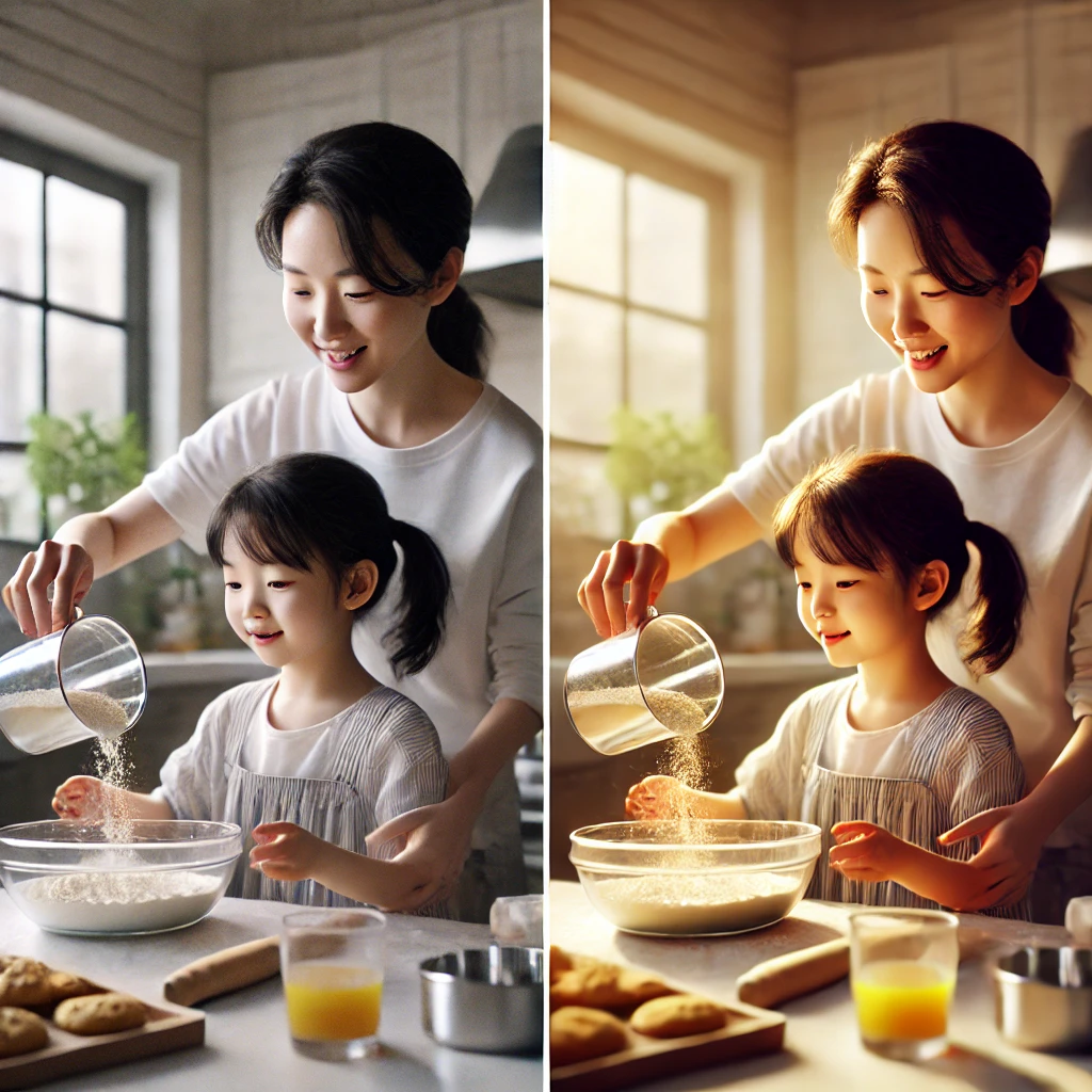 어머니와 딸이 현대적인 주방에서 함께 쿠키를 굽고 있는 모습. 어머니는 딸이 밀가루를 그릇에 붓도록 지도하며 따뜻한 웃음을 짓고 있습니다. 창문을 통해 부드러운 햇빛이 비치고 있습니다